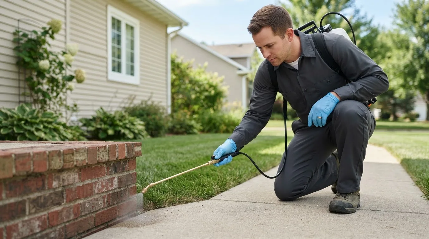 Pest control technician treating a home near New Lisbon, NY